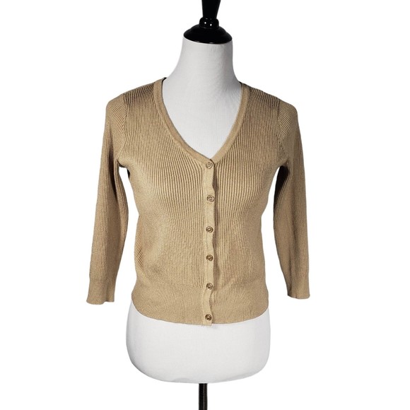 Ashley Stewart Sweaters - Ashley Stewart Women's size 12 Tan Rayon Nylon Knit Cropped Cardigan